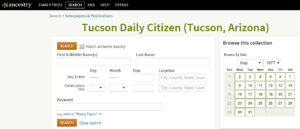 Search screen of Ancestry.com’s Newspapers & Publications collection for “Tucson Daily Citizen