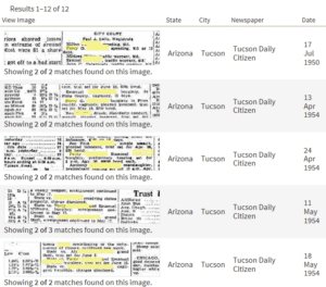 Ancestry.com’s Newspapers & Publications collection for “Tucson Daily Citizen