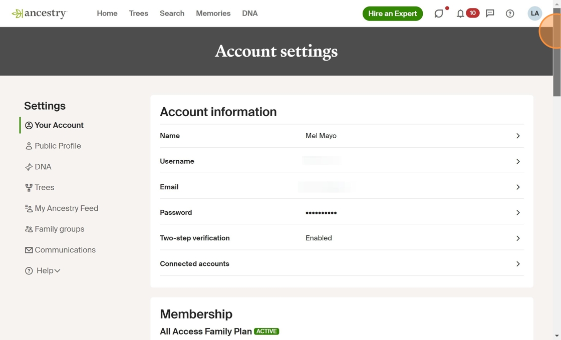 Scroll down the membership page on Ancestry