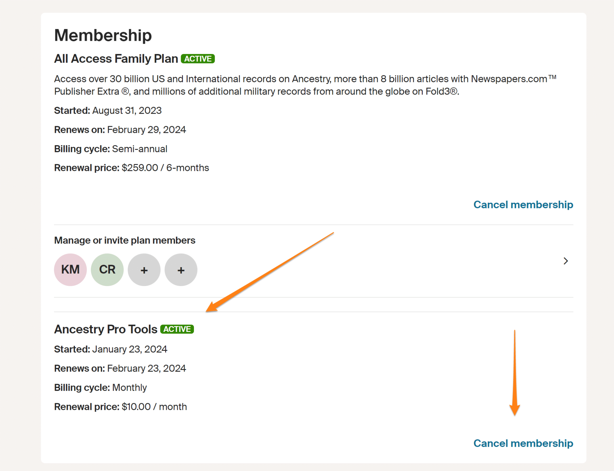 Ancestry Membership Page Showing Pro Tools and Cancel Option