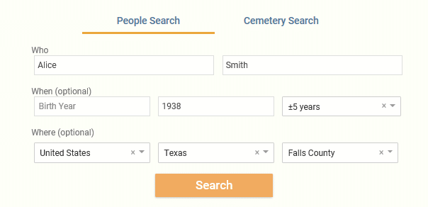 Finding your ancestor's gravesite, billion graves search box