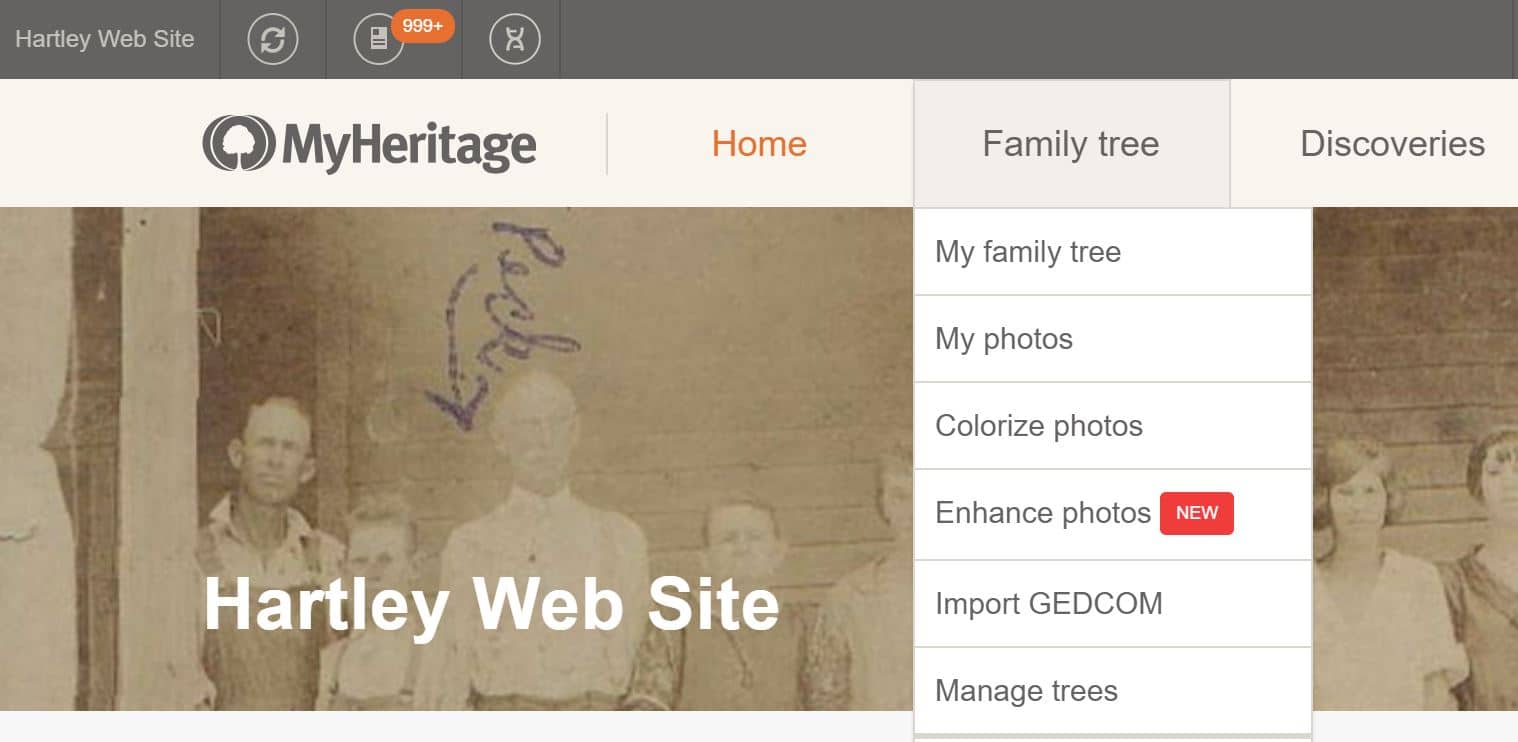 MyHeritage Family Tree Menu Dropdownn