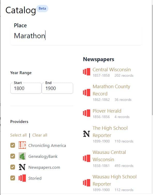 This screen shot shows a sample of the Catalog list based on a place name search.