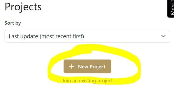 This screen shot shows the Projects menu item with the New Project button.