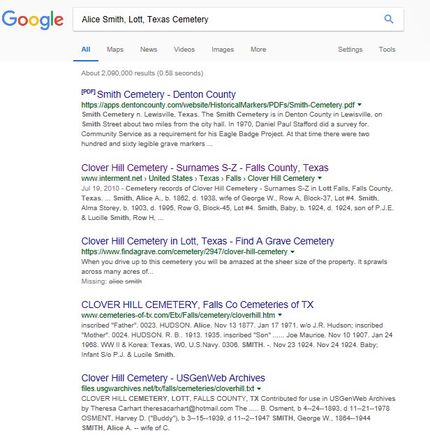 Finding your ancestor's gravesite, google cemetery records search