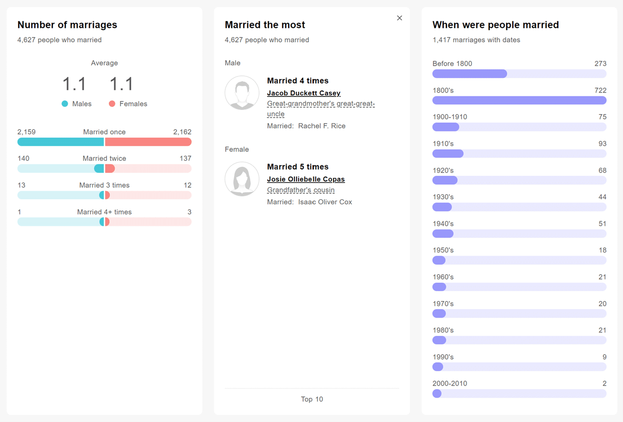 Screenshot of Marriages tab in MyHeritage Statistics