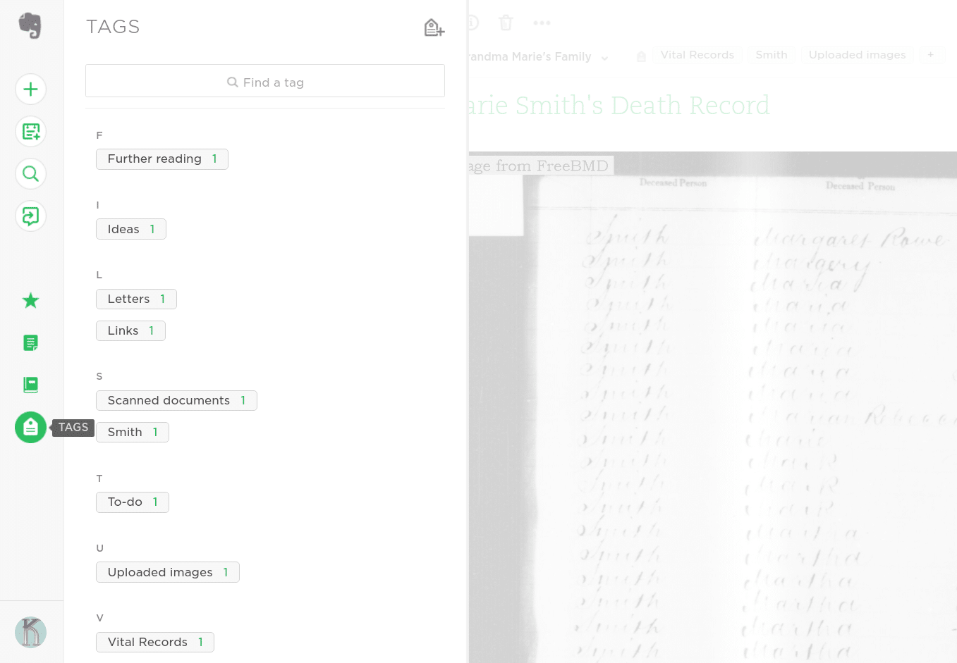 Evernote for genealogy, indexing with tags