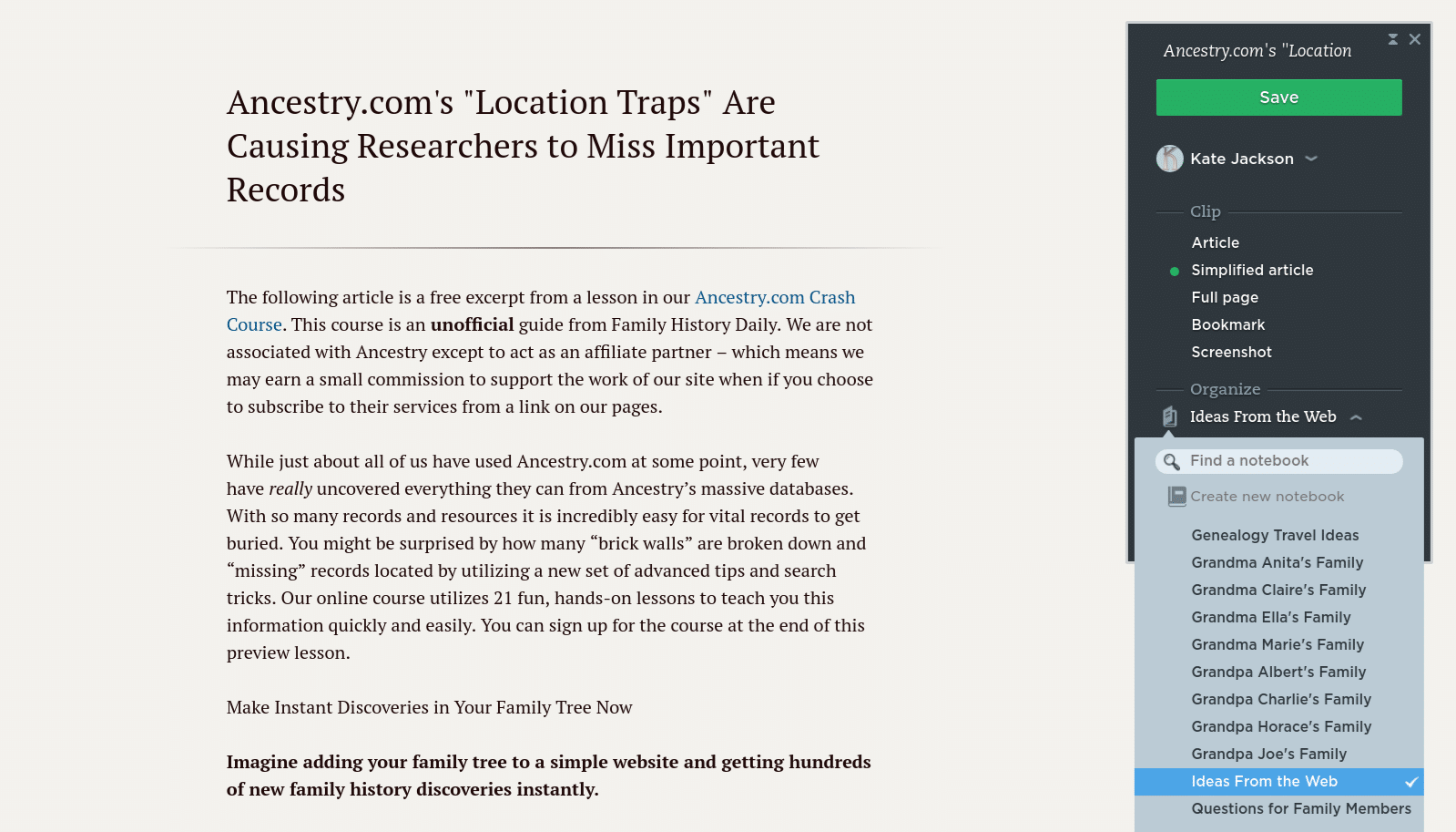 Using Evernote's web clipper for genealogy research