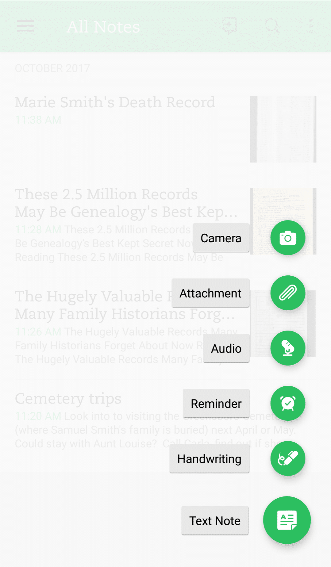 Evernote for genealogy, mobile app menu