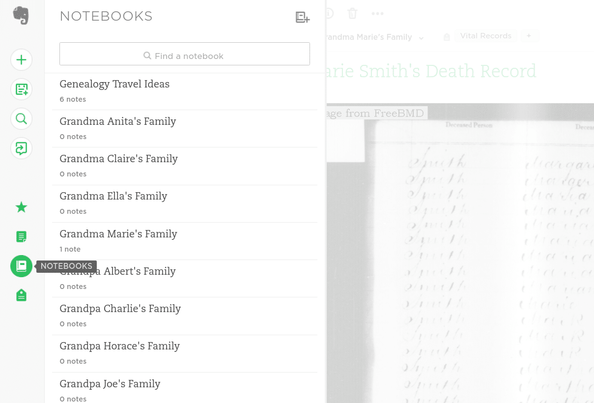 Evernote for genealogy, using notebooks