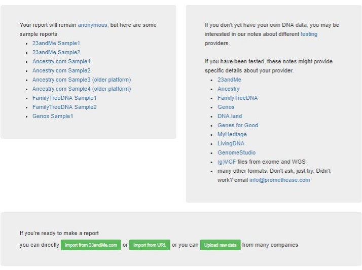 Promethease raw DNA upload page